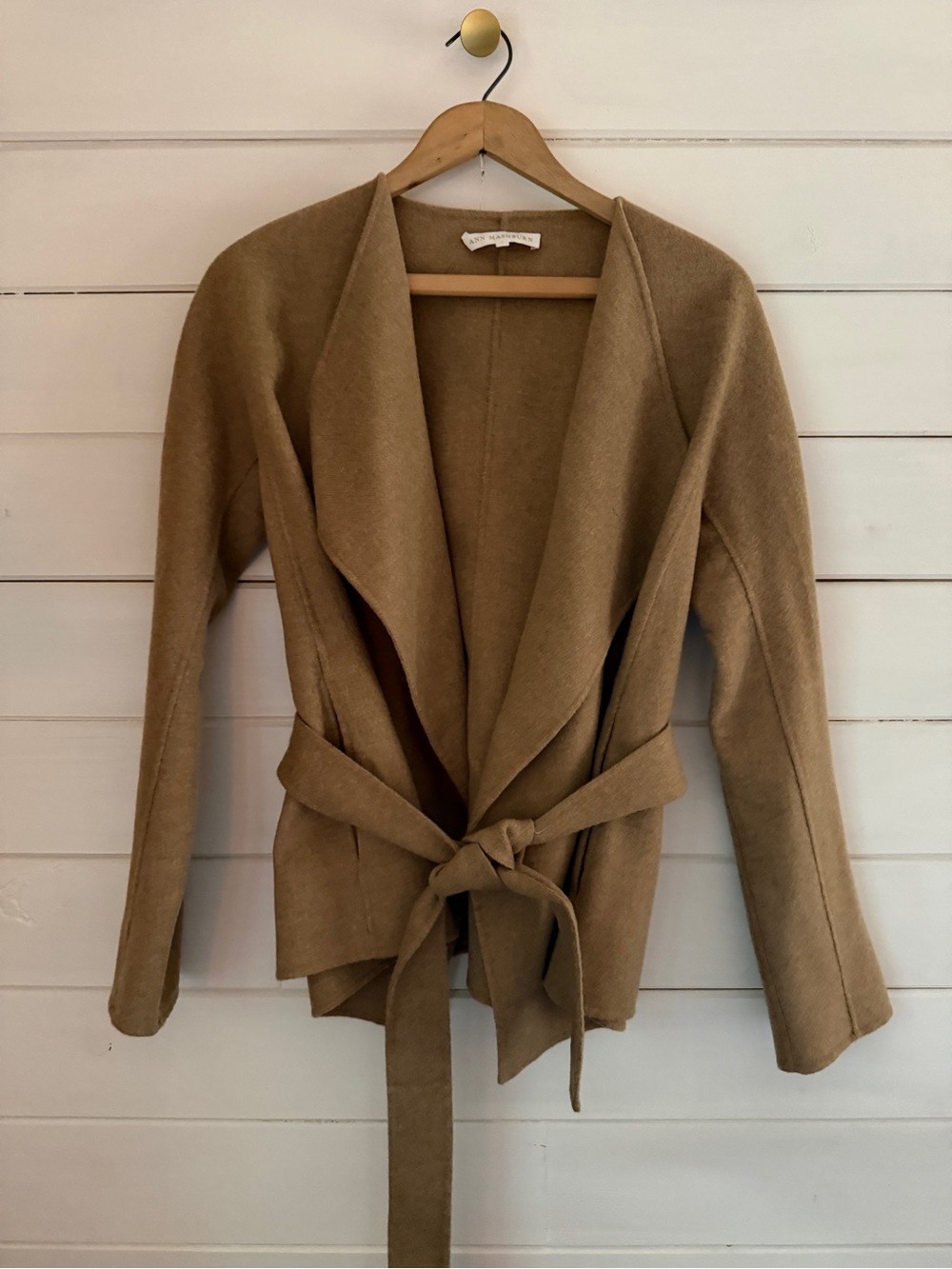 ANN MASHBURN  100% Wool Belted Wrap Coat Women’s SMALL Tan Camel Pockets